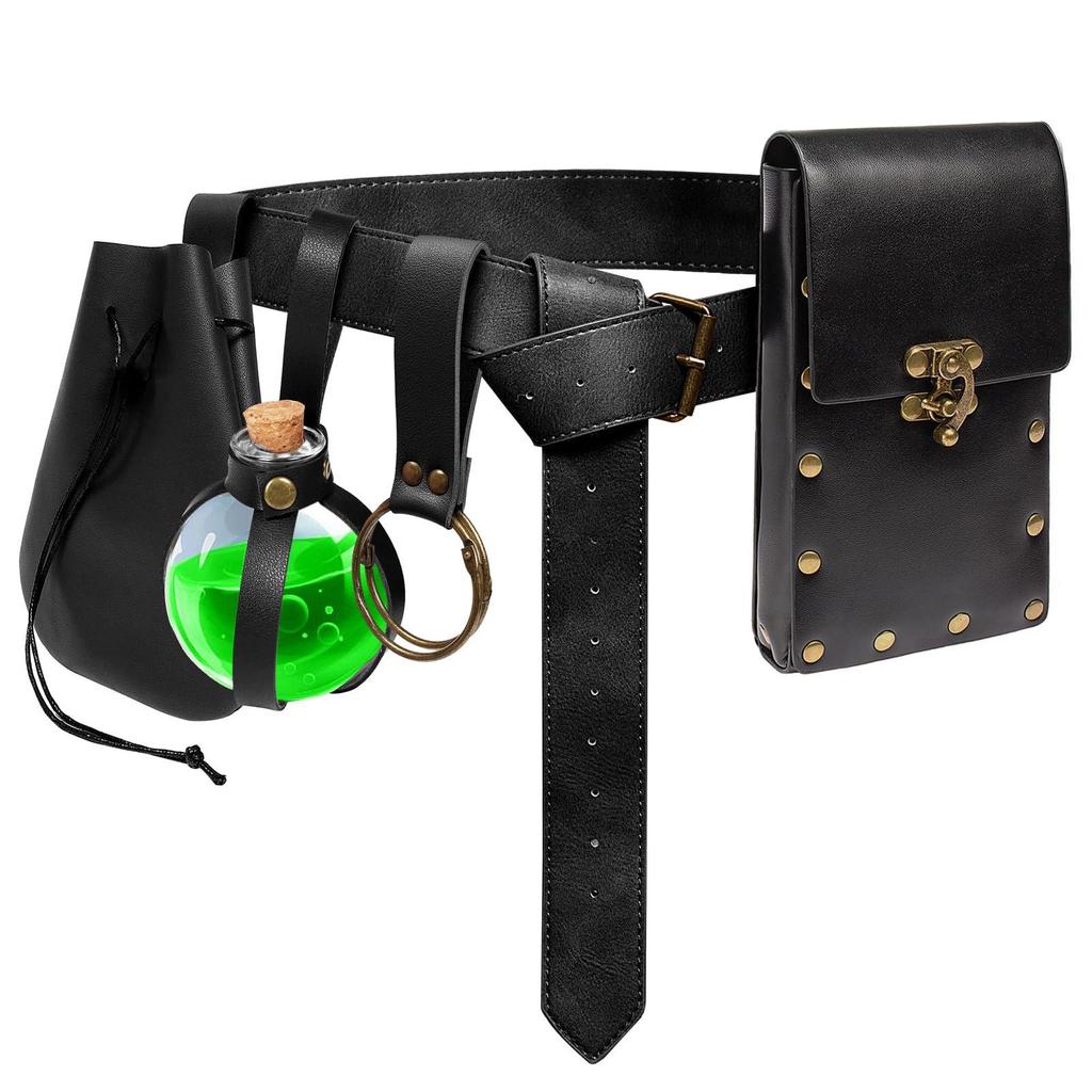 Medieval Leather Waistband Belt with Cord and Pouch