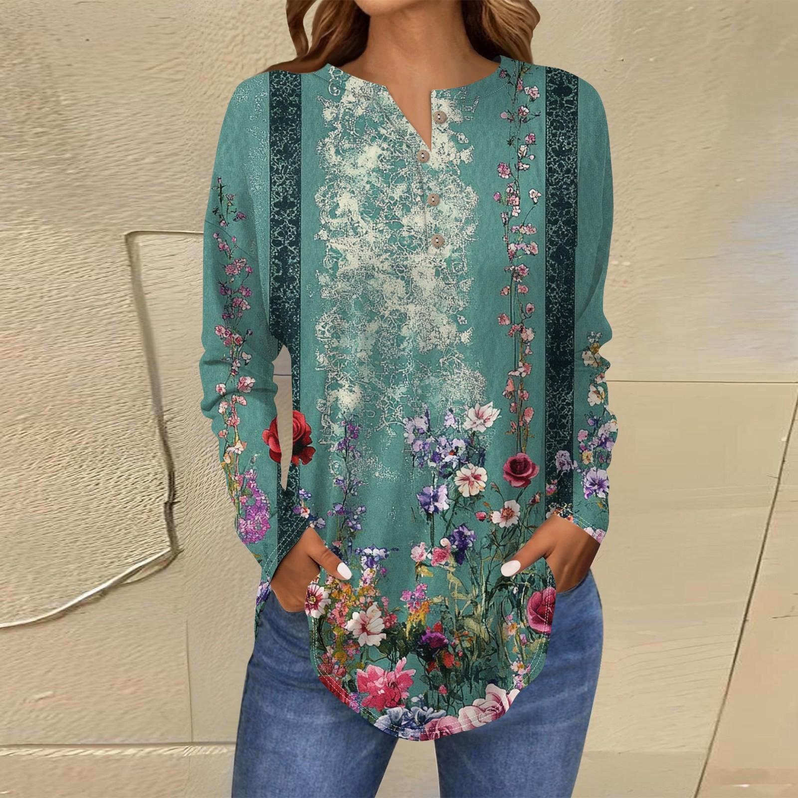 

Футболки для женщин, осенние повседневные рубашки с длинным рукавом на пуговицах, толстовка с винтажным принтом, топ, пуловер XXL