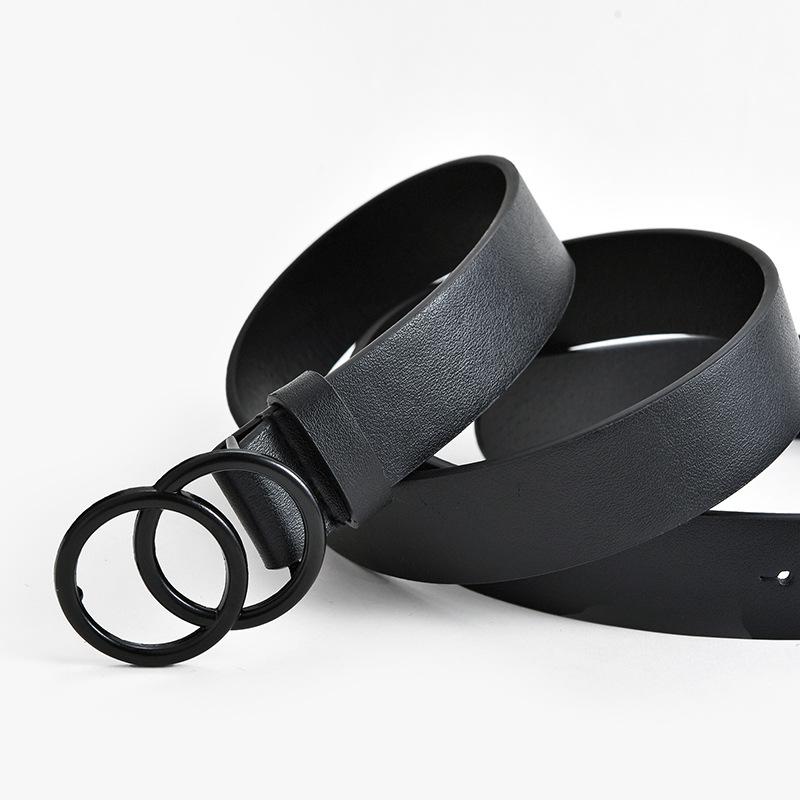 Double Circle Black Buckle Casual Decorative Jeans Belt Women'S Solid Color Thin Belt