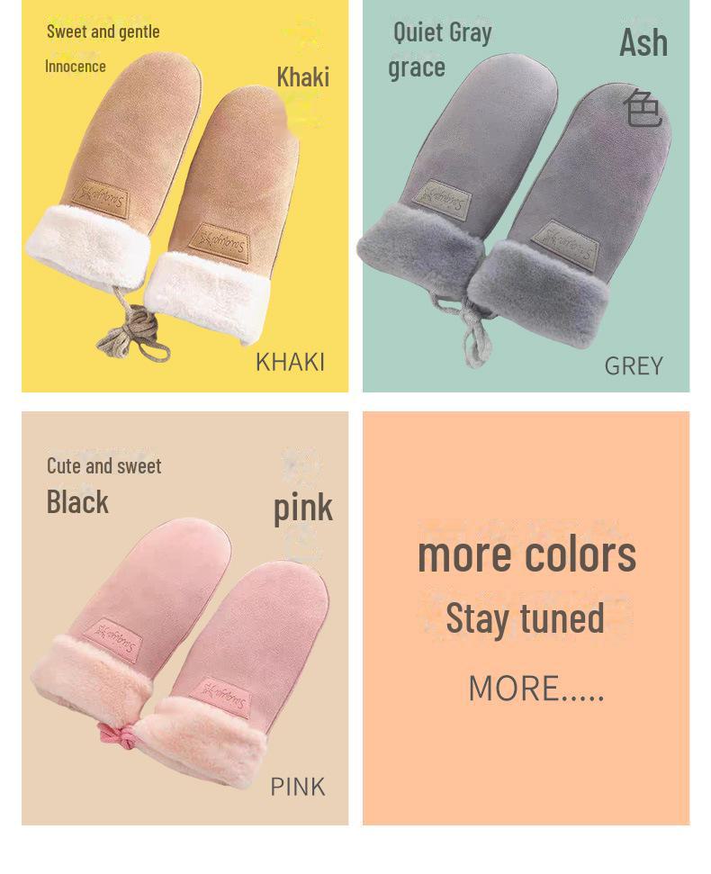 Women's Suede Winter Gloves, Warm and Windproof with Velvet and Hanging Neck Design.