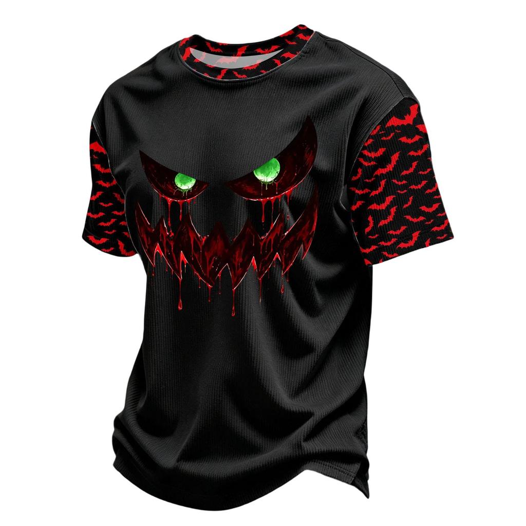 Men's Casual Corduroy Short Sleeve Crew Neck Lightweight Breathable T-Shirt Halloween Print Lettering Design