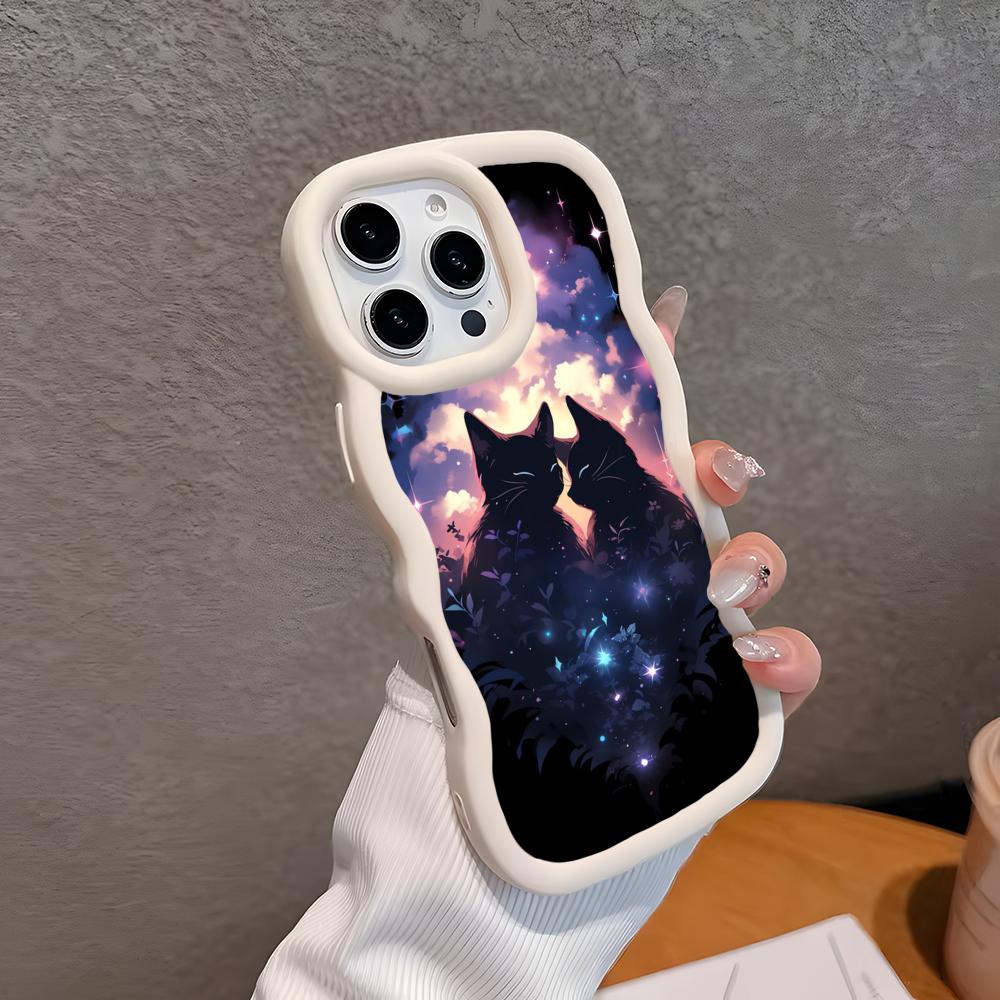 Luna Moon Cat Mobile Phone Case for iPhone 17 16 15 14 13 12 11 Air Pro Max Plus Wavy Edge TPU Colorful Cover Pretty Smartphone