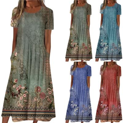 Women's Summer Casual Fashion Printed Short Sleeve Round Neck Pocket Dress
