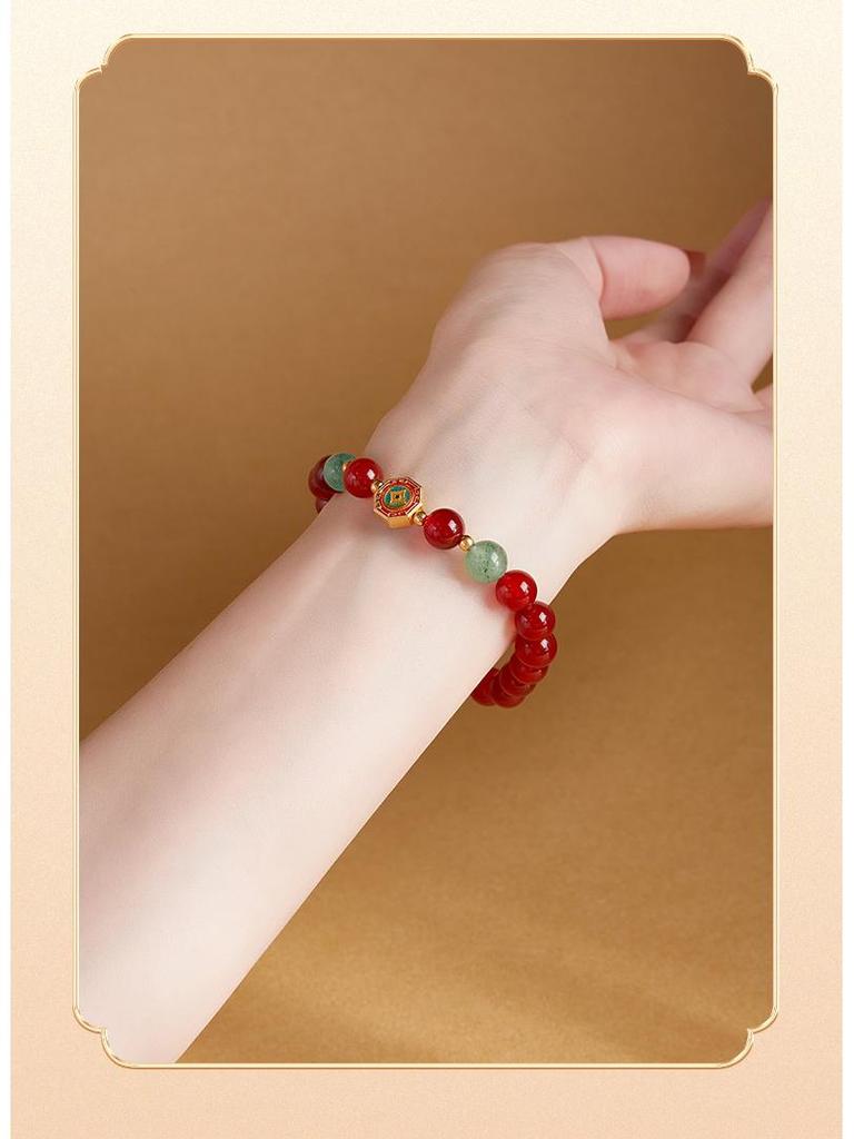 Red Agate & Green Strawberry Crystal Beaded Bracelet with S925 Sterling Silver and Enamel, Vintage Women's High-End Jewelry.