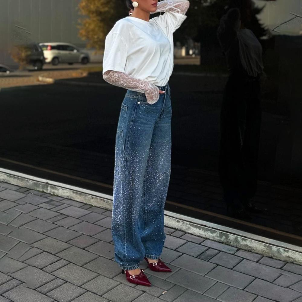 

2024 Джинсы с высокой посадкой, стразами и эффектом похудения для женщин - Осенние прямые S