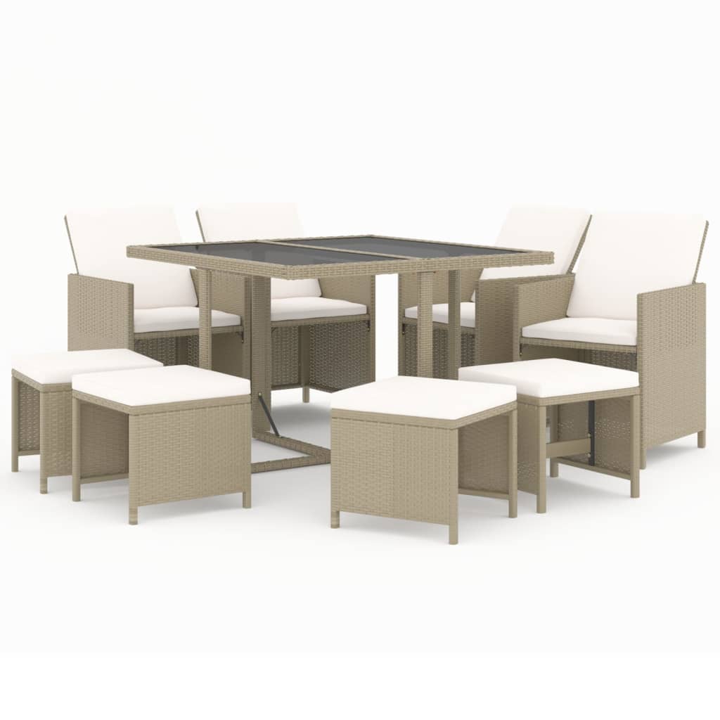 9 piece Garden Dining Set with Cushions Poly Rattan Beige