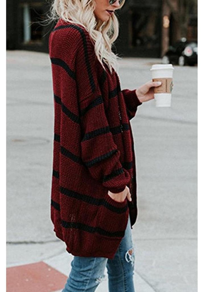 European & American Women's Mid-Length Striped Cardigan with Double Pockets - 2026 Autumn/Winter Collection