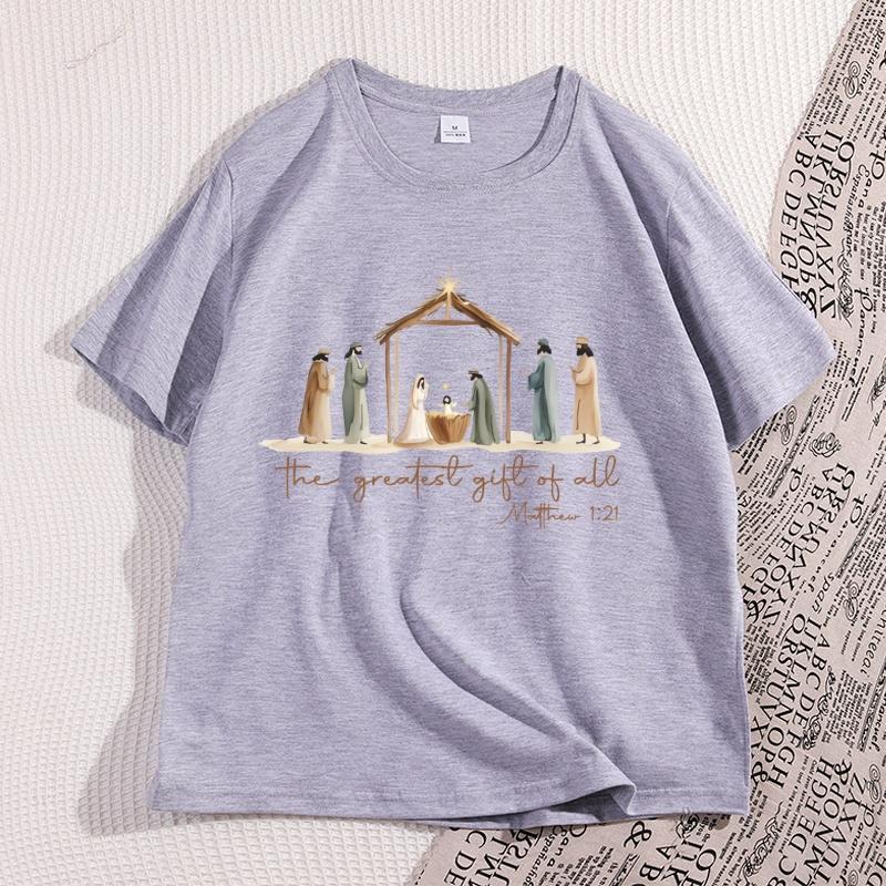 The Greatest Gift of All Tshirt Nativity Religious Christmas T Shirt Jesus Love TShirt Casual Cotton Round Neck Graphic Tees