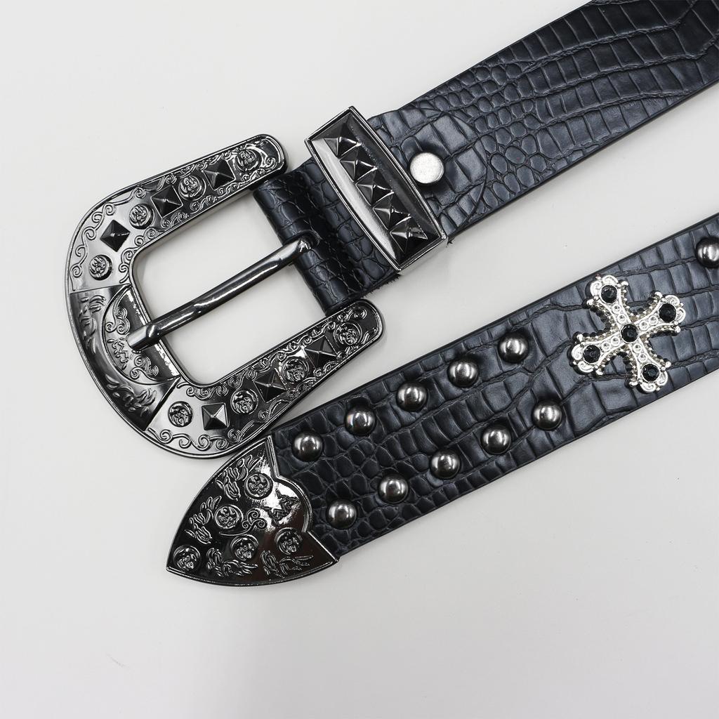 Rivet Belt Decorative Cross Niche Retro Versatile Wide Belt Punk Hot Girl Pin Buckle Western Denim