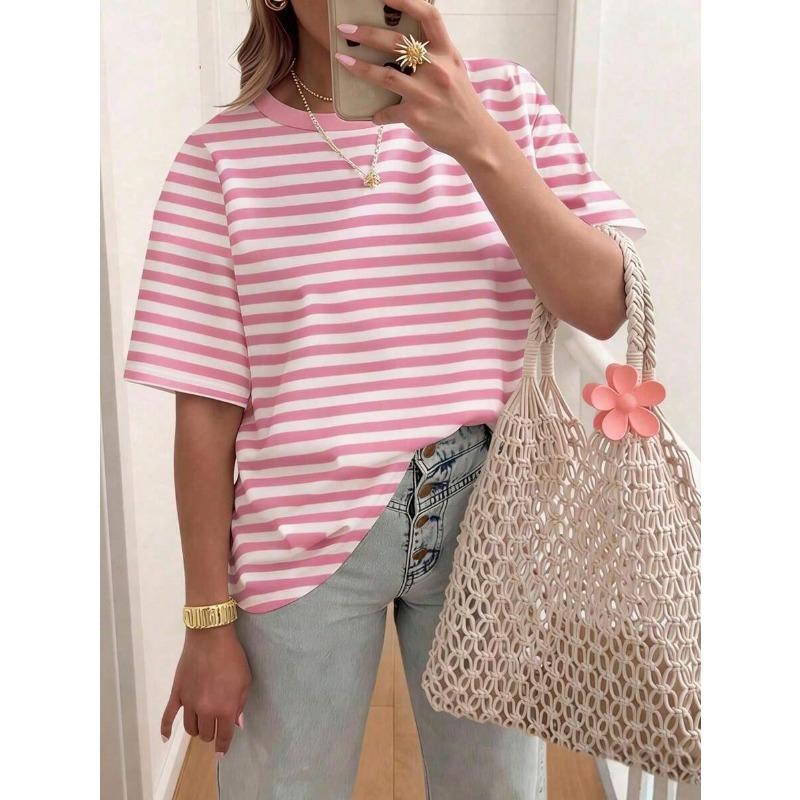 Damska koszulka oversize w paski, drukowana 3D, letnia, casualowa, z okrągłym dekoltem, luźna, modna, z krótkim rękawem, top damski