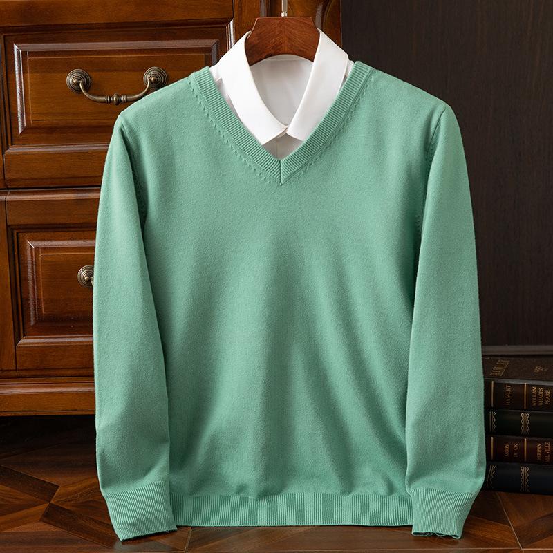 Yoghurt Herfst en winter plus size gebreide truien voor heren wollen warme truien truien V-hals gebreide pasvorm tops heren kasjmier gebreide truien bottoming shirt S lichtgroene kleur