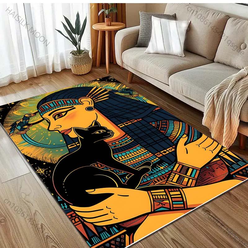 Ancient Egyptian Woman and Black Cat Print Carpet for Bedroom Living Room Bedside Sofa Floor Mat Modern Home Decor Area Rug