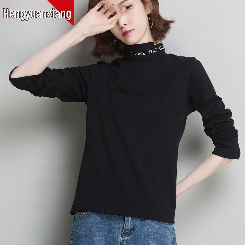 

Женская черная футболка с длинным рукавом и полувысоким воротом Naiga - Универсальный осенне-зимний топ для студентов Large чёрный