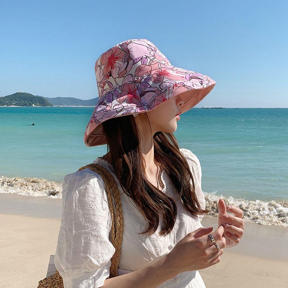 Double-Sided Summer Sun Hat Flower Print Sunscreen Visor Cap Casual Women Fisherman Hat Girl