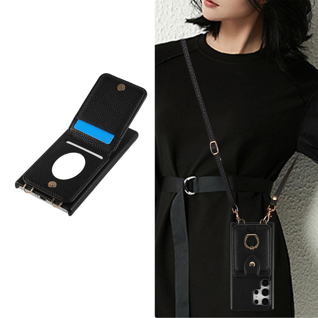 For Samsung Galaxy S24 Ultra Case with Card Holder,Shoulder Strap PC+TPU Ring Kickstand Phone Back Cover