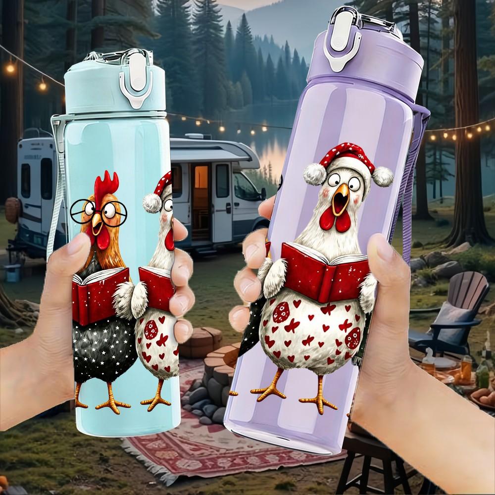 1PC Three Hen With Hat Farm 750ml Color Plastic Sports Water Bottle Leakproof Flip Straw Lid Suitable for Sports Office Home Use