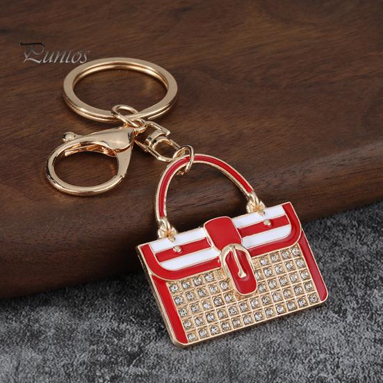 Rhinestone Keyring Keychain Pendant, Enamel Simulated Handbag Shape Key Holder with Lobster Clasp, Shiny Girly Gift Accessory Prong Setting