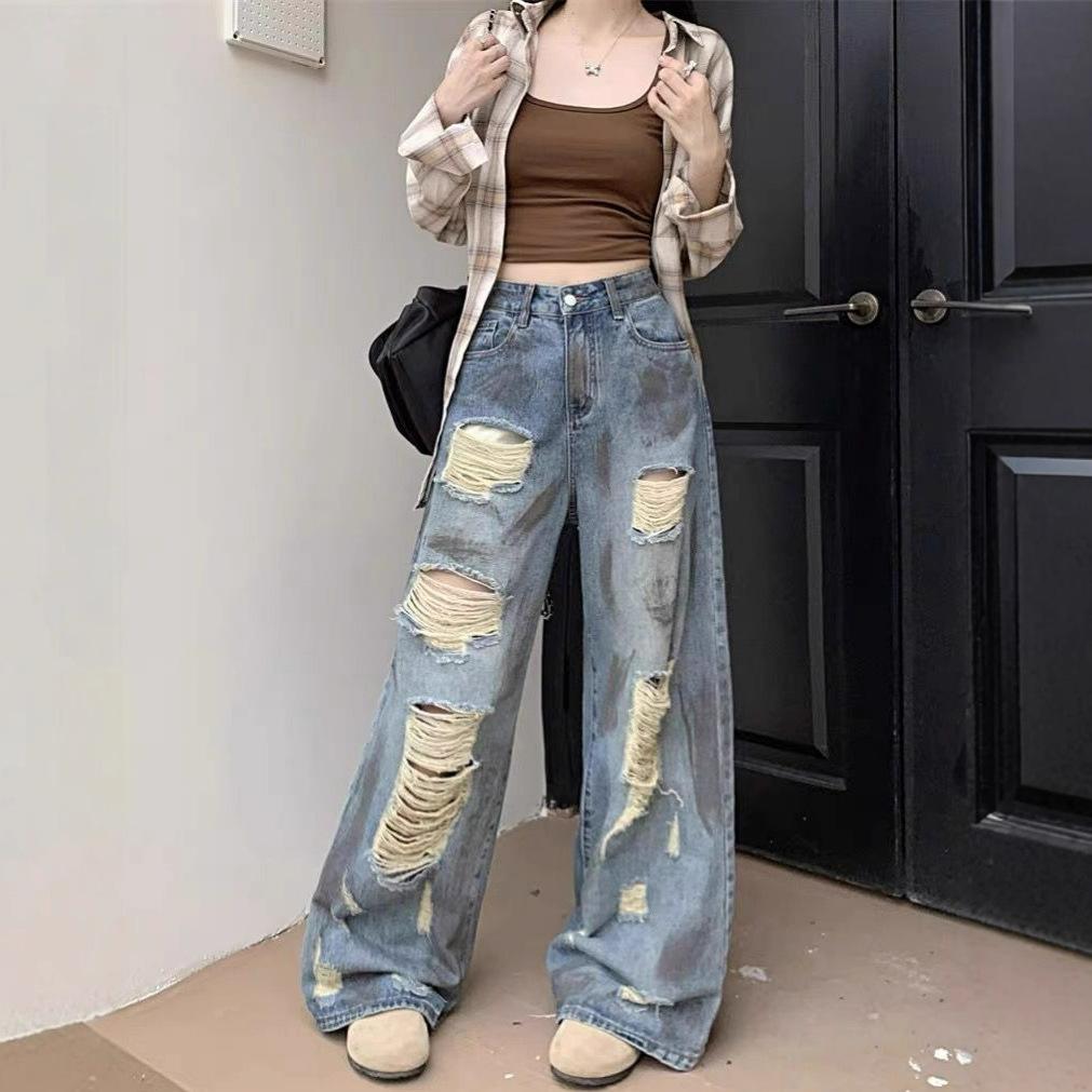 Tie-dye Waste Land Wind Wide Leg Broken Jeans Female Retro Big Yards Fall Drape Dragging Pants Retro Street Style Baggy Long Jeans for Ladies
