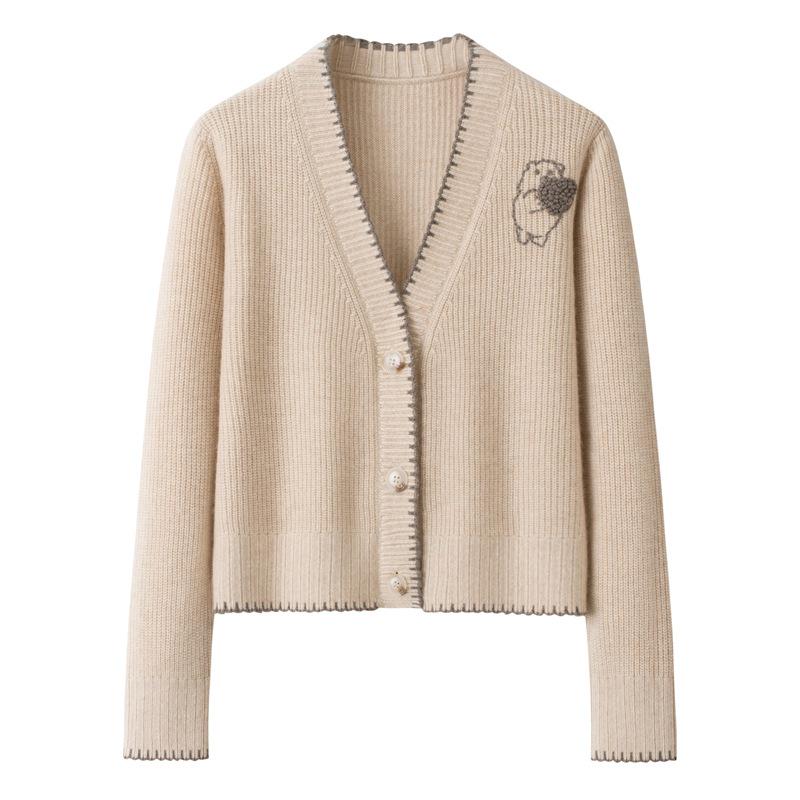 European & American Style Grey Hand-Stitched Cashmere Cardigan Sweater Coat