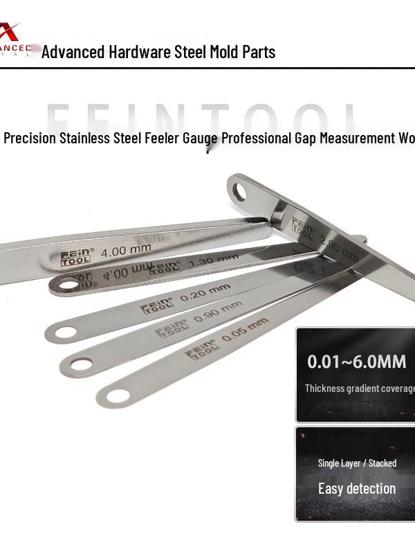 Metric High-Precision Stainless Steel Feeler Gauge, 0.01-6mm, Single Piece Gap and Thickness Measurement Tool.