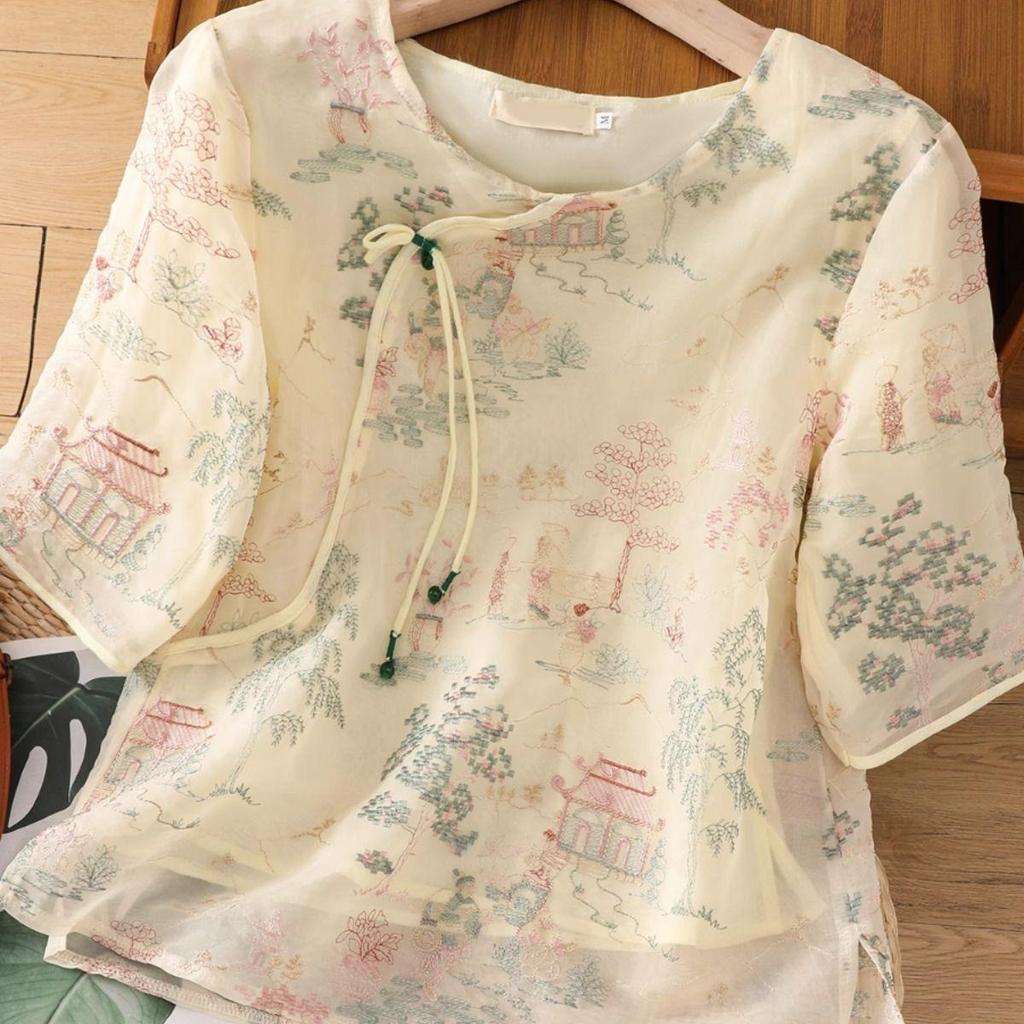 Premium trend loose embroidered shirt summer new retro beautiful temperament top shirt