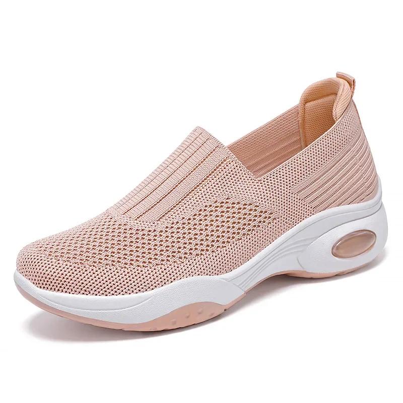 Damesko Casual Flate Pustende Strikkede Sneakers Vår Høst Sport Tennissko Dame Mote Slip-on Myk Såle Gåsko