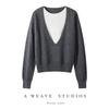 35% Cashmere Women's Color Block Faux Layered Korean Style Pullover Sweater