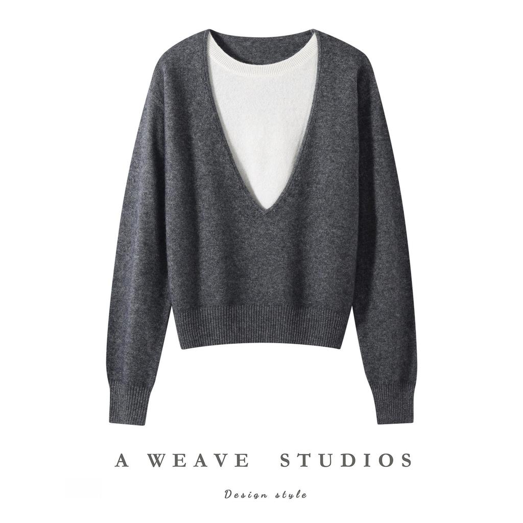 35% Cashmere Women's Color Block Faux Layered Korean Style Pullover Sweater