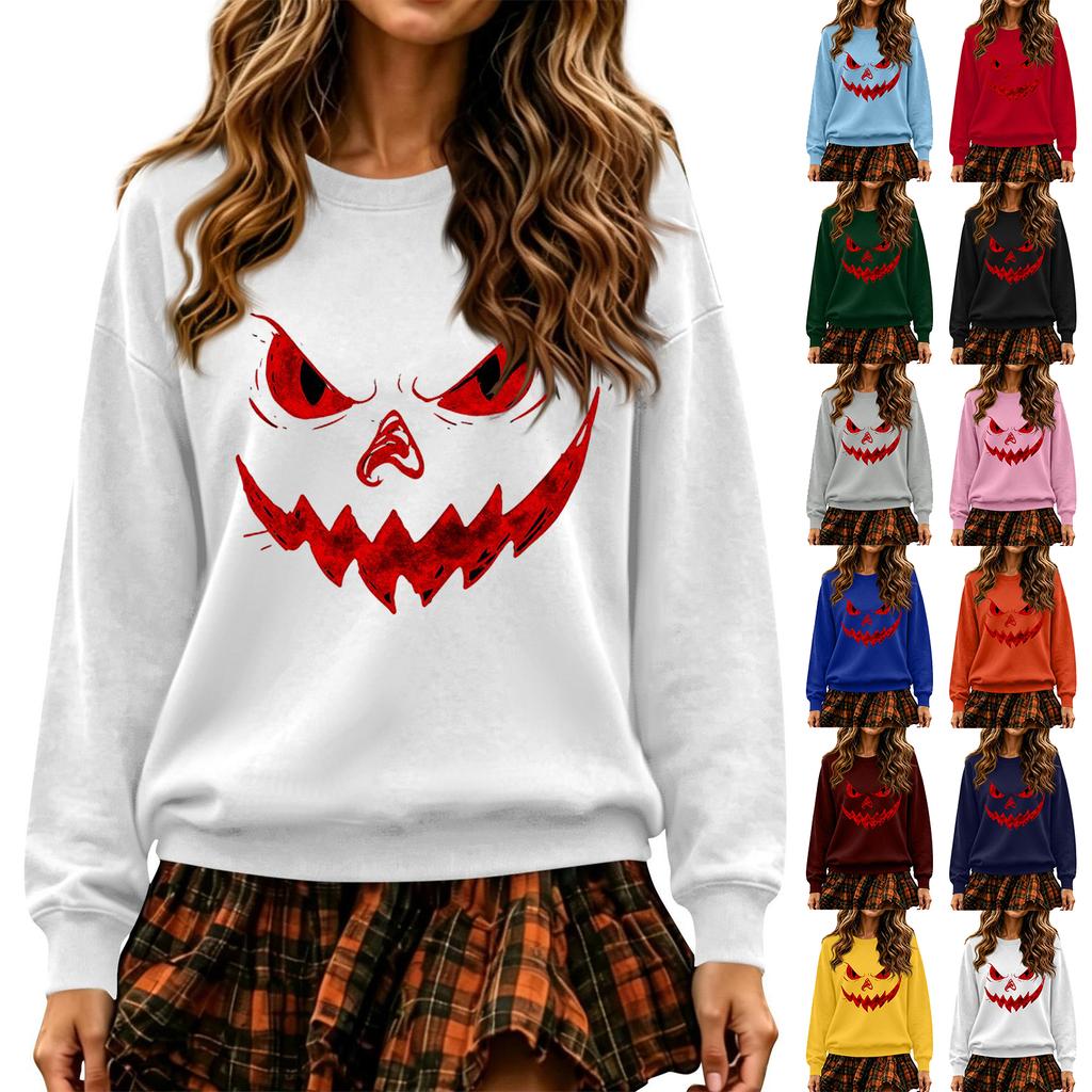 Women's Fashion Casual Long Sleeve Halloween Print Neck Pullover Sweatshirt