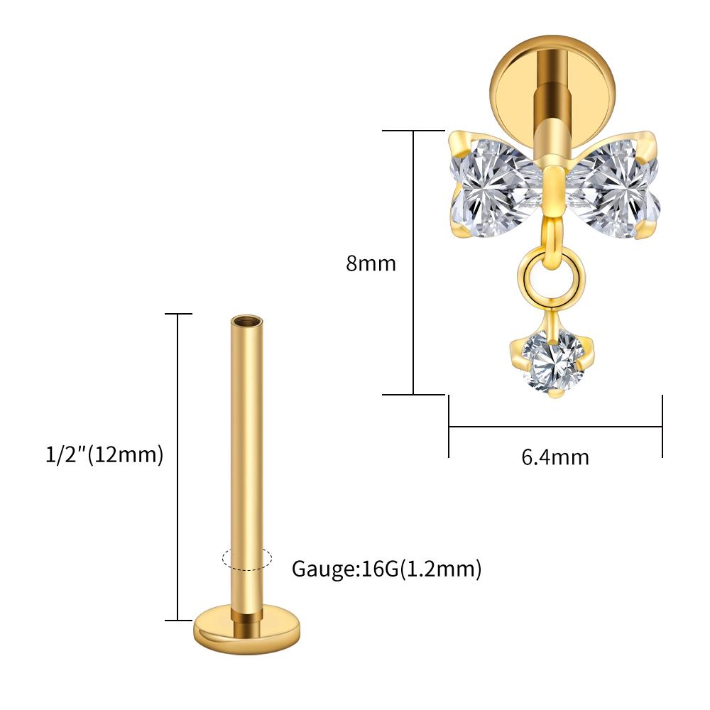 Right Grand ASTM F136 Titanium Bow Dangle CZ Piercing Labret Stud 16G Flat Back Helix Tragus Cartilage Earring Bridal Jewelry