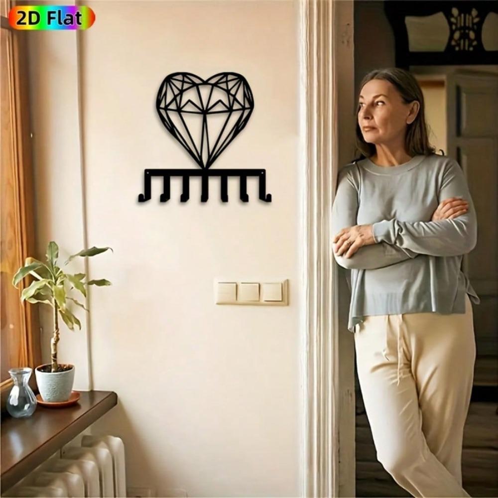 Heart Shape Diamond Key Holder Wall Decor Black Metal 7 Hooks Simple Entryway Valentine Wedding Gift Durable Iron Door Hanger