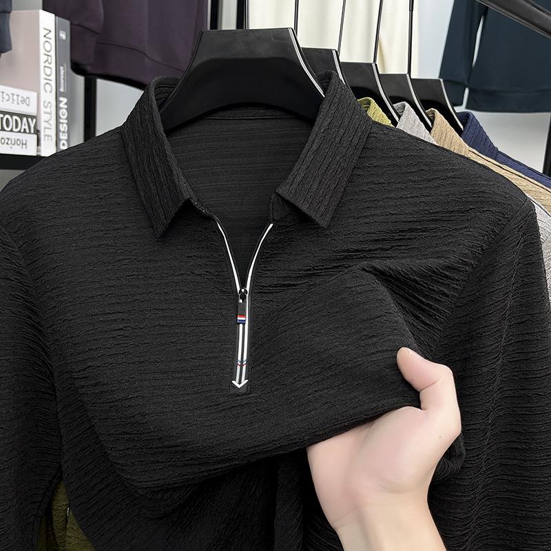 Ny Jacquard High-end Toppslag Enfärgad Mångsidig Casual Lös Halvdragkedja Herr T-shirt att dra över huvudet