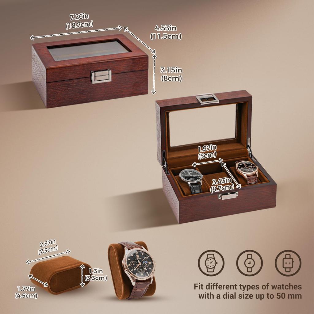 ProCase Men's Wooden Watch Box, 3-Slot Watch Display Case with Glass Lid
