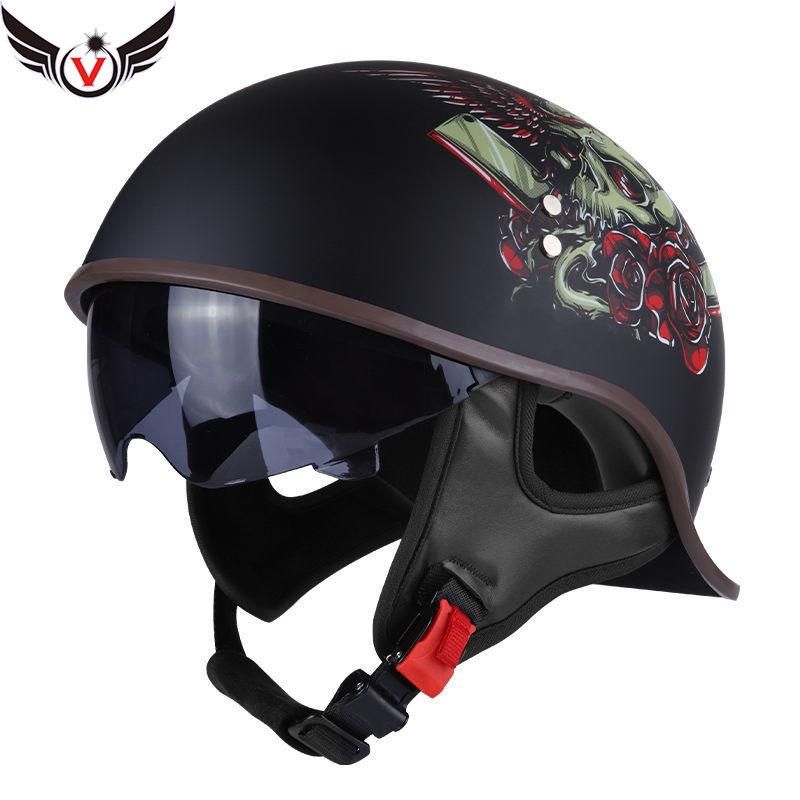 Motorcycle Helmet Men's Summer Half Helmet Retro Women's Electric Car, Locomotive Lightweight Scoop Helmet with Endoscope