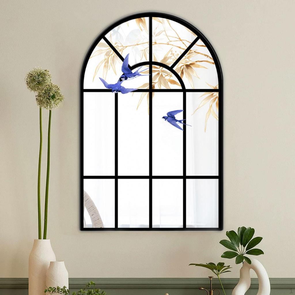 Arch Window Mirror Simple Wooden Frame Windowpane for Living Room Home Farmhouse Decor