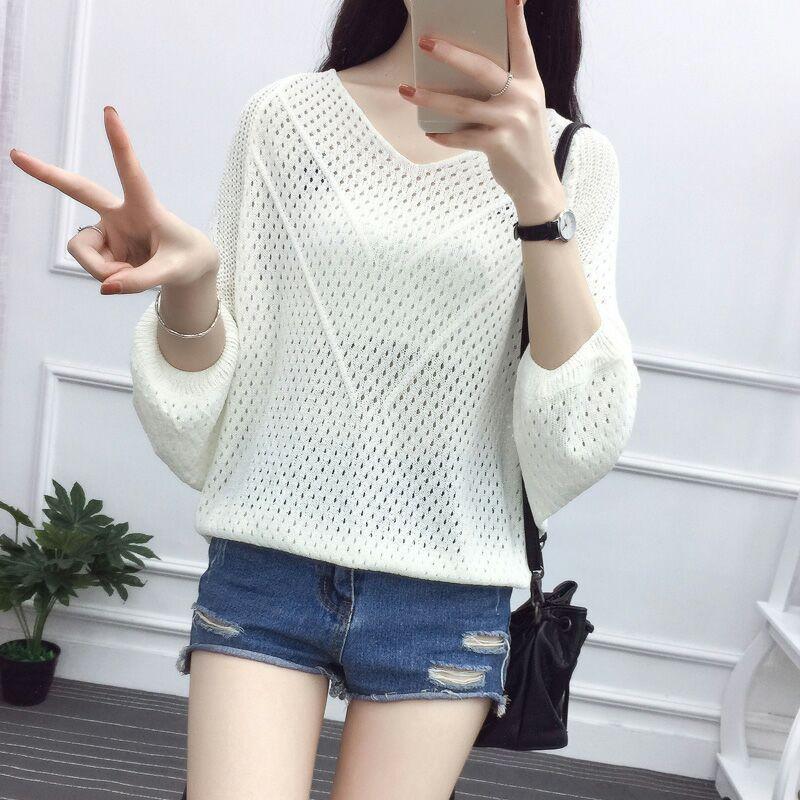Pulover cu decolteu în V cu secțiune subțire Pulover din tricot Topuri pentru femei Dimensiune mare Pulover cu schelet cu mâneci de șapte minute Cămașă lejeră pentru femei