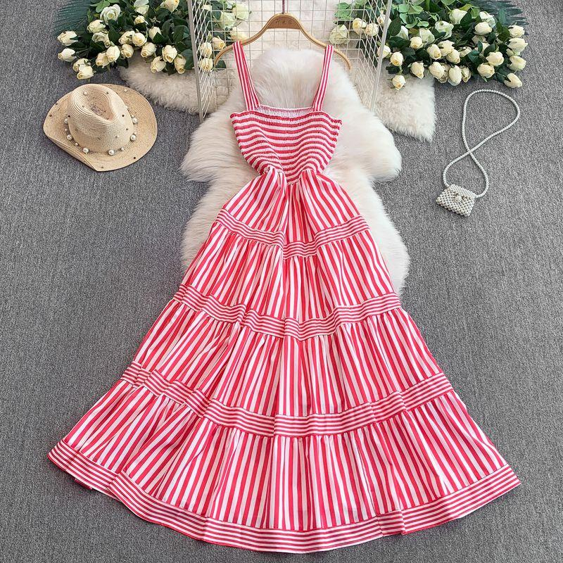 

Korean Series Gentle Pink Stripe Sling Dress Women Summer Retro Design Elastic Waist Hugging Slimming Big Hemline Long dress Pink One size