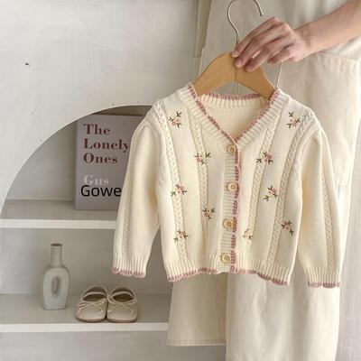 2025 Fall Versatile Baby Girl Embroidered Floral Cotton Knit Cardigan