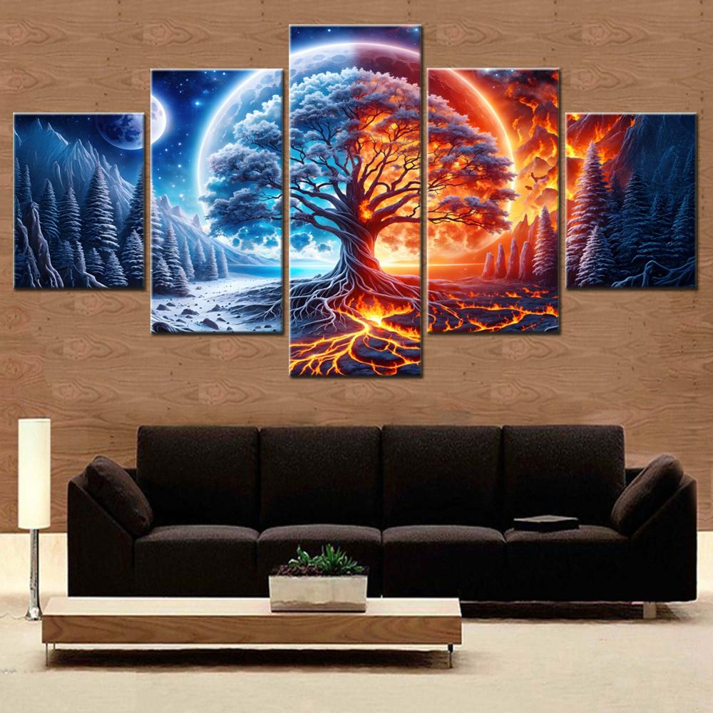 5 Pieces Canvas Wall Arts Landscape Poster Painting Nature Surreal Duality Wallpaper Home Decor Picture Printing Modern Mural