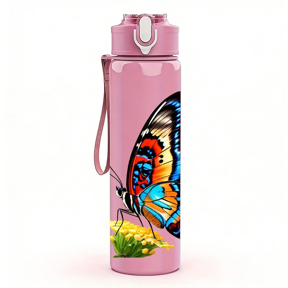 1PC Vivid Color Butterfly Pattern 750ml Color Plastic Sports Water Bottle Leakproof Flip Straw Lid Suitable for Sports Office Home Use