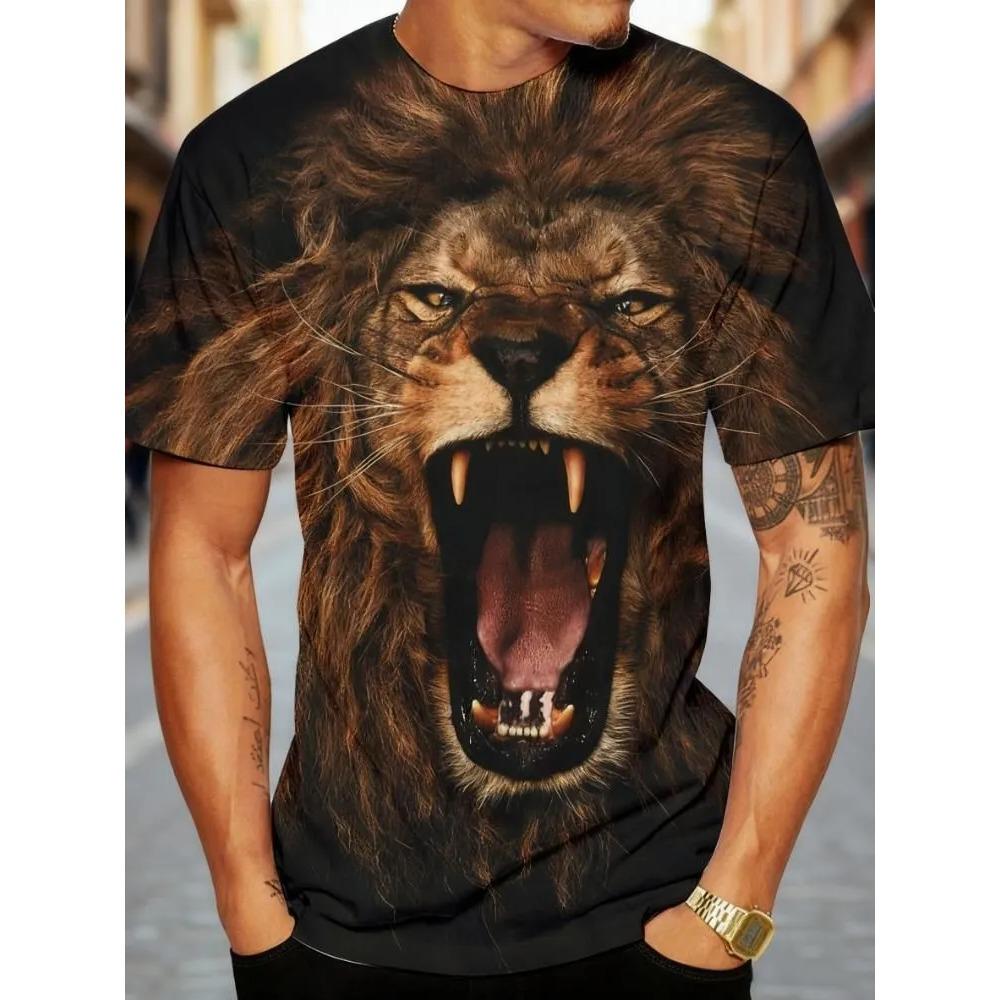 Men's Animal Domineering Lion Print Short Sleeved T-shirt Large Loose Casual Fashionable Comfortable Soft Breathable T-shirt