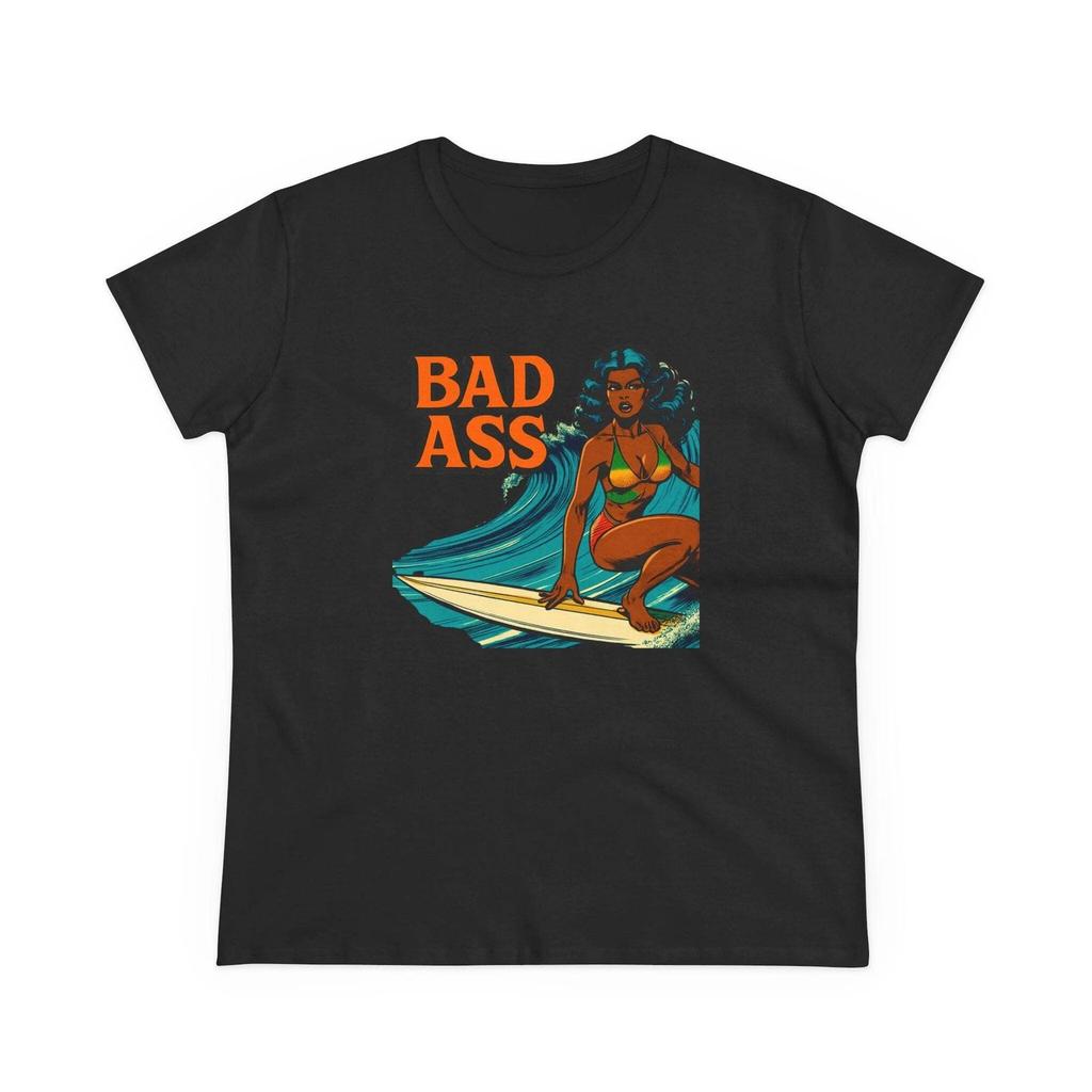 Bass Ass Womens T-shirt Surfing Tee Girl Power Top Surf Hawaiian Waves 60s Art