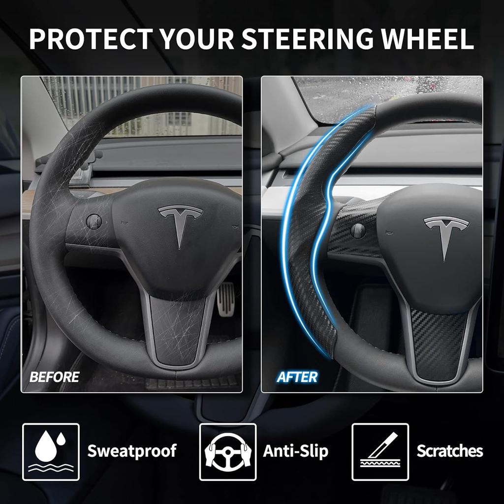 Tesla Model 3/Y Steering Wheel Cover, Carbon Fiber Steering Wheel Wrap Stickers For Tesla Model 3 Model Y 2017-   2024 Interior Accessories, Black