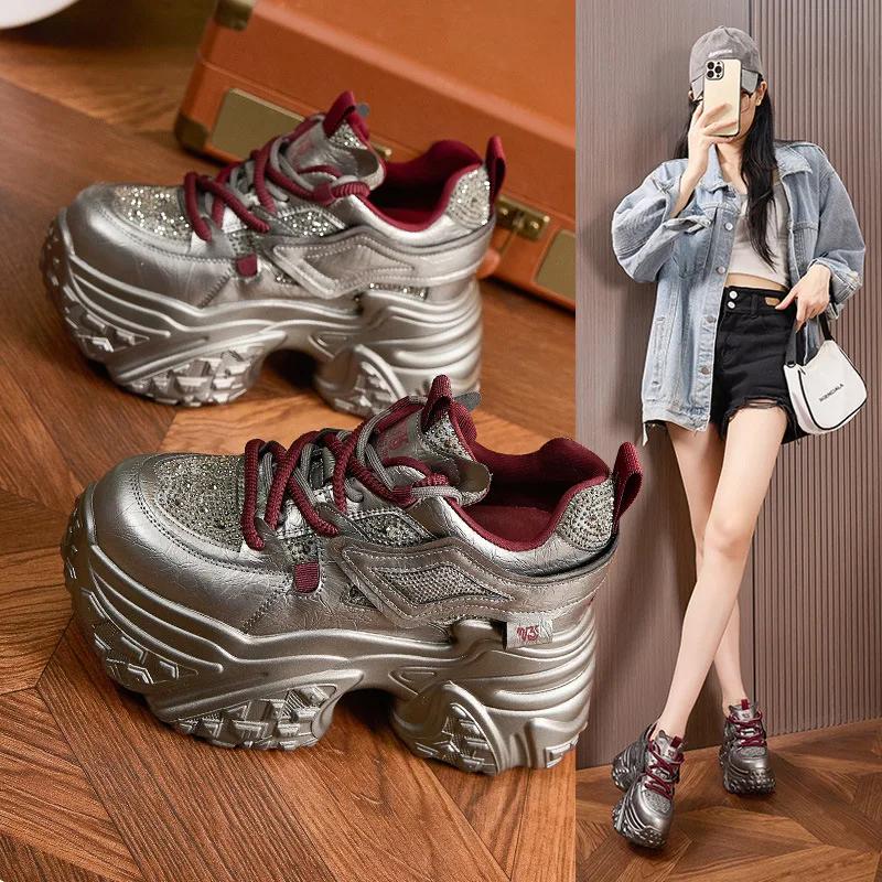 Fashion 10CM Synthetic Genuine Leather Bling Chunky Sneaker Mixed Color Fashion Ankle Boots Women Comfy Autumn Vulcanize Shoes