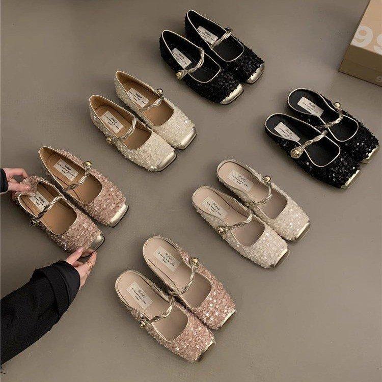French sequined silver bag head half slippers women's 2025 spring and summer Xiaoxiangfeng Korean version temperament Mary Jane single shoes women's