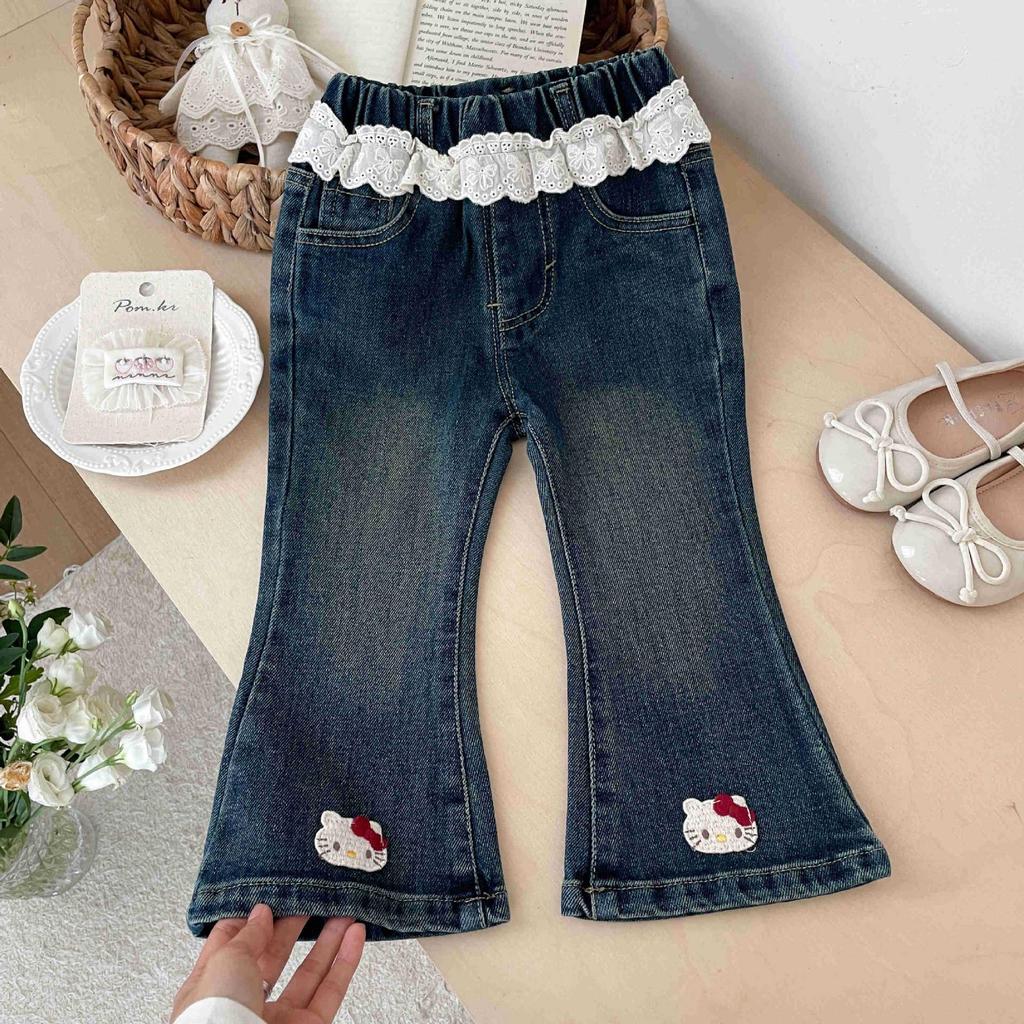 Girls' Cartoon Cat Embroidered Flared Denim Jeans with Lace Waist - Super Sweet Autumn Pants