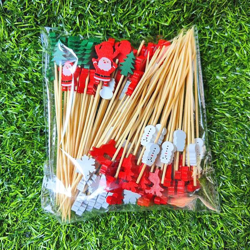100Pcs Christmas Disposable Bamboo Skewers Food Picks Fruit Fork Party Cake Dessert Salad Sticks Toothpick Skewer