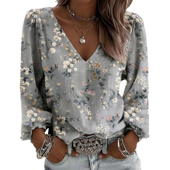 Yousheng Women Tops Retro Floral Print Puff Long Sleeve Shirt V-neck Loose Fit Casual Blouse Breathable Daily Wear