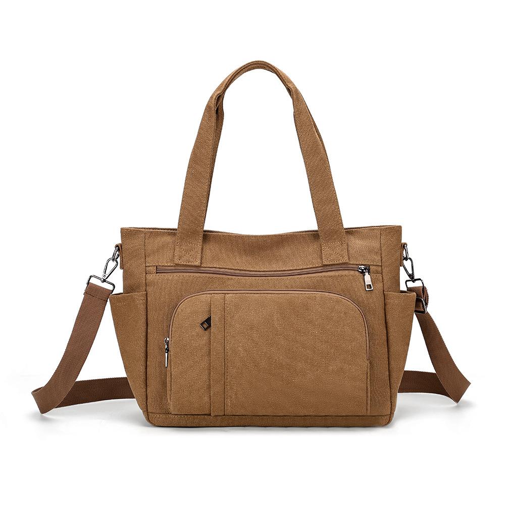 Bolsa Tote de Lona Color Sólida com Múltiplos Bolsos de Grande Capacidade Bolsa de Ombro Feminina Vintage para o Dia a Dia Bolsa Transversal