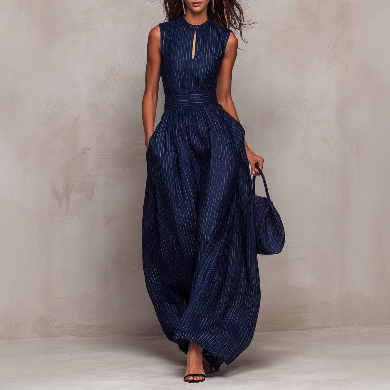 Tuta da donna a halter senza maniche a righe, vita media, gamba larga, pantaloni lunghi, per la primavera, uso quotidiano